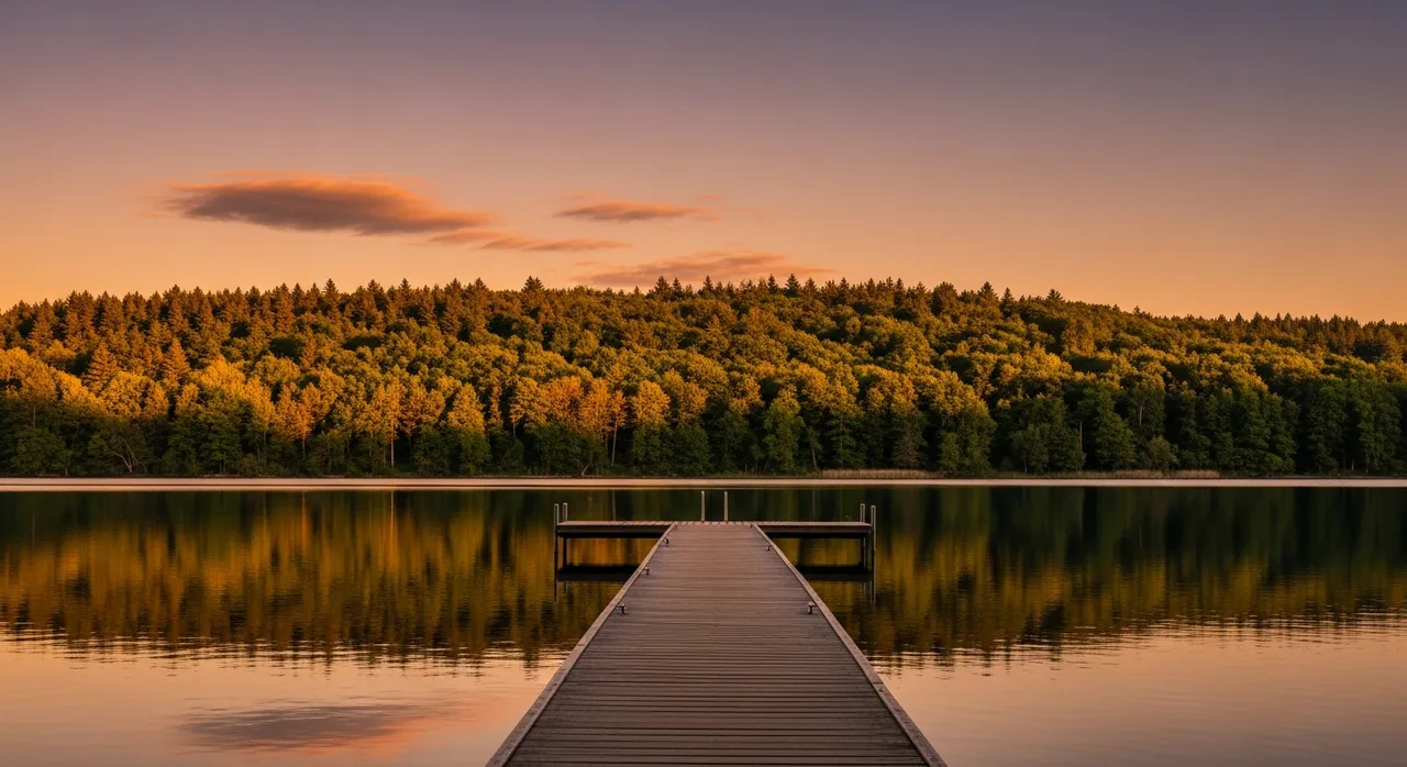 Serene lakeside at golden hour — wooden dock extending over calm water with lush green forest beyond