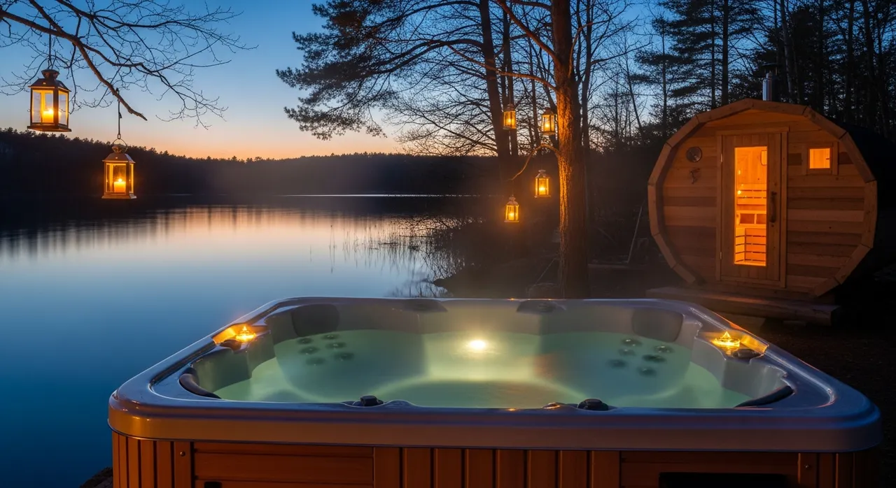 Luxury cedar hot tub steaming beside a tranquil dark lake at twilight with glowing lanterns and sauna cabin